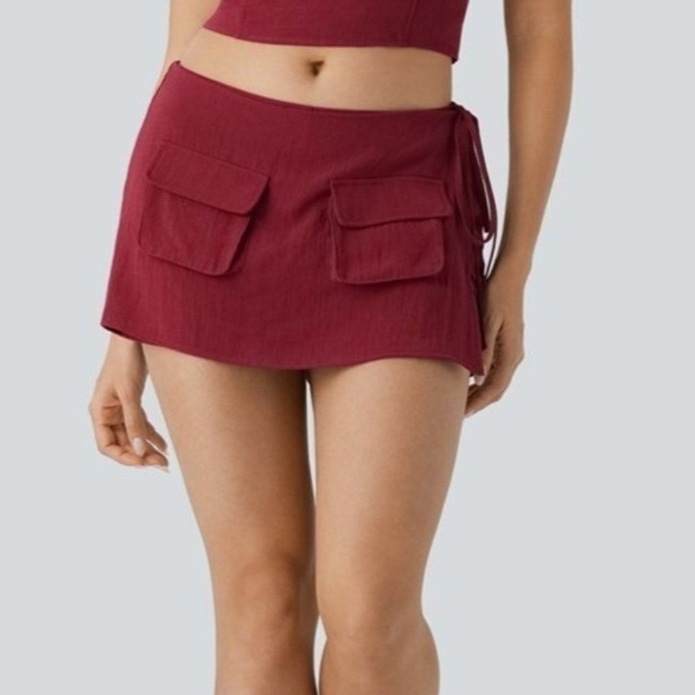 Halara Patitoff 2.0 Wrap Cargo Pocket Mini Skort Skirt Side Tie Red XS New